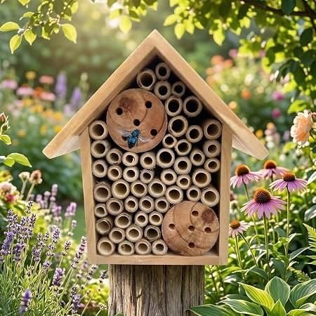 Insekthotell av tre omgitt av blomster i en solrik hage
